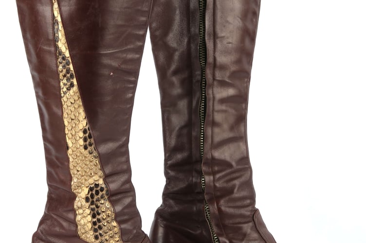 Lionel Avery early 1970s pair of platform boots in brown leather with snakeskin appliqué.