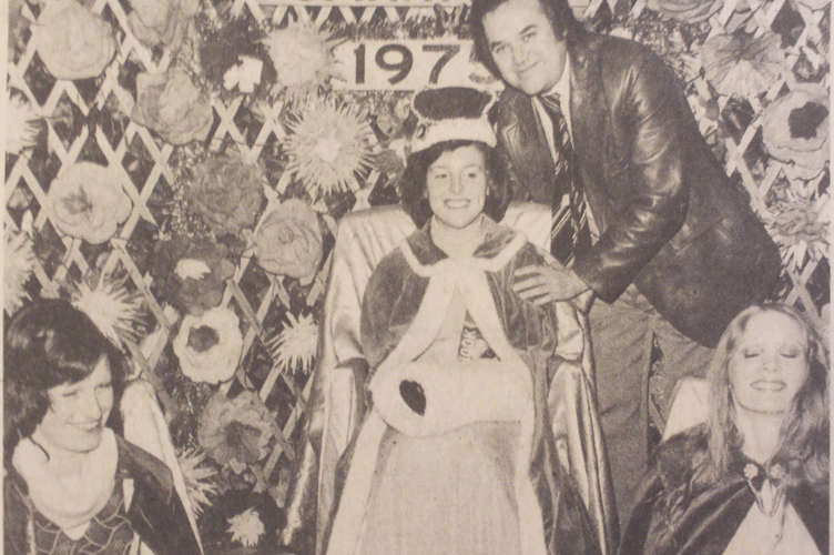 Southern Television personality Peter Clark crowns 16-year-old Karen Phillips as the Liphook Carnival Queen on October 25th 1975. Her attendants are 18-year-old Sarah Forder, left, and 22-year-old Corrine Keen.