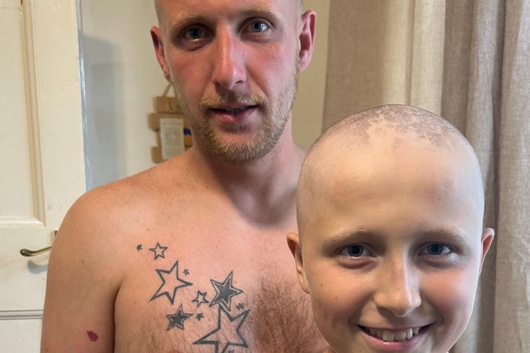 Tyler-Jaii Scott with a shaved head with his father Joe. A family are fundraising for their 13-year-old son with stage four cancer - who's lump in his neck was misdiagnosed as tonsillitis.Young Tyler from Gosport, Hampshire, has been diagnosed with Stage Four Hodgkins Lymphoma - after he first noticed a lump in his neck in early 2024. By January this year, doctors initially believed the lump was linked to tonsillitis.However, after Tyler's mum, Charley Hemming, 32, pushed for further tests, scans taken in May revealed the devastating news that Tyler had Stage Four Hodgkins Lymphoma - and the cancer had spread to his nose, throat, neck, collarbone, armpit, heart, spleen, abdomen, and shoulder blade.
