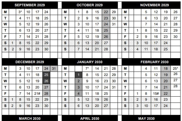 School calendar for the 2029/30 year.