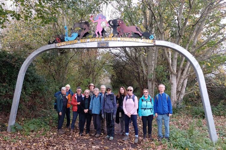 Petersfield Ramblers under the arch at the start of the Centurion Way, November 2025.