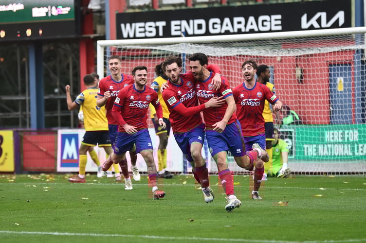 Aldershot Town celebrate Will Nightingale's goal (Photo: Ian Morsman)