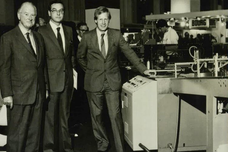 From left: Lt Col A H Buckham, Signor Ballestrazzi of Sitma and Peter Jarrold of Jarrolds Printing at IPEX 1980.