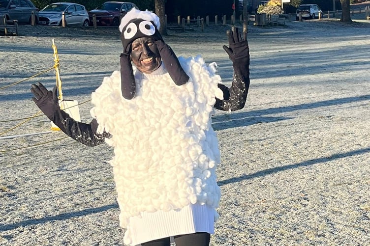 Carolyn Wickham in her home-made Shaun the Sheep outfit