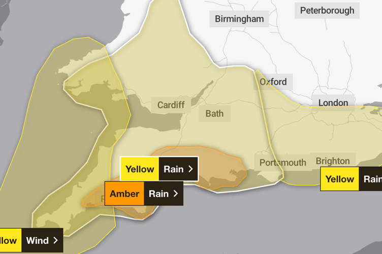 The Met Office weather warning for southern England.