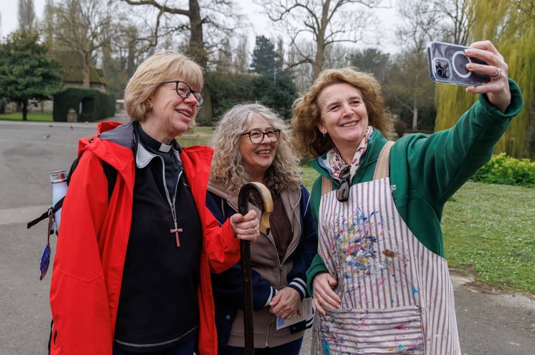 The Most Revd and Rt Hon Dame Sarah Mullally DBE, Archbishop of Canterbury poses for a photograph with visitors to Aylesford Prioryt on day four of the Pilgrimage of the Archbishop of Canterbury from London to Canterbury. Friday 20th March 2026. Photo: Neil Turner for Lambeth Palace