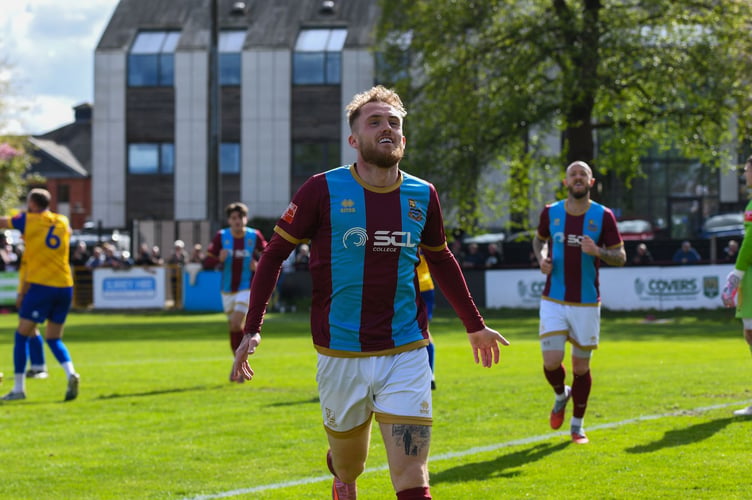 Bobby-Joe Taylor celebrates after scoring Farnham Town's winner against Berkhamsted