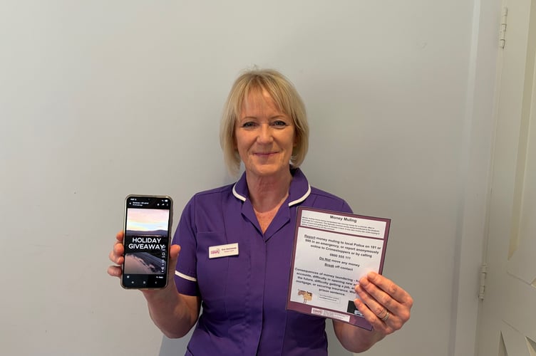 Guardian Angel Carers senior carer Kim with anti-money laundering leaflets and an example of a scam advert targeting students.
