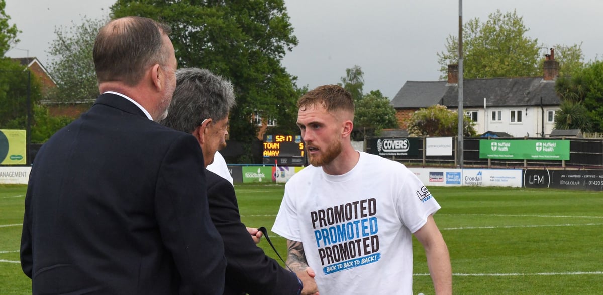 WATCH: Farnham Town midfielder Bobby-Joe Taylor celebrates promotion in first season at the club