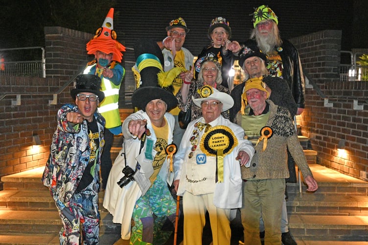 Alan "Howling Laud" Hope, front, second from right, with fellow Official Monster Raving Loony Party campaigners at the Makerfield by-election.