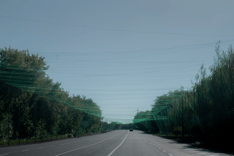 Anti-drone netting covering a street in Zaporizhzhia, Ukraine.